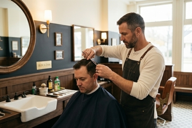 A classic haircut in progress at Iron and Oak