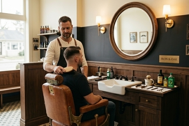 A finished haircut and beard cleanup at Iron and Oak