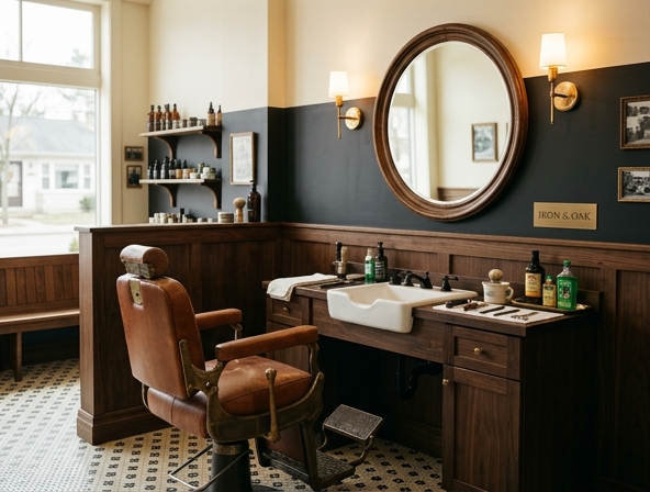 Interior of the Iron and Oak barbershop