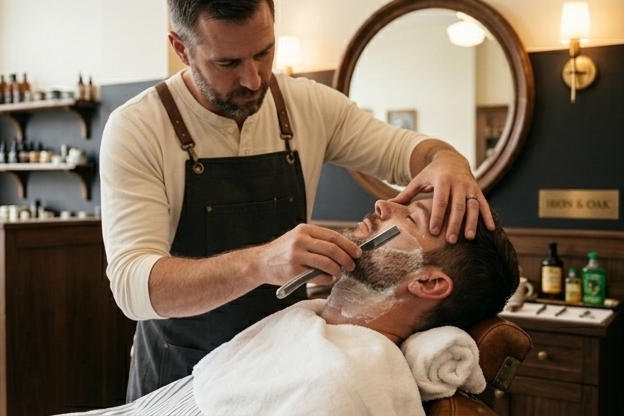 A straight razor shave service at Iron and Oak