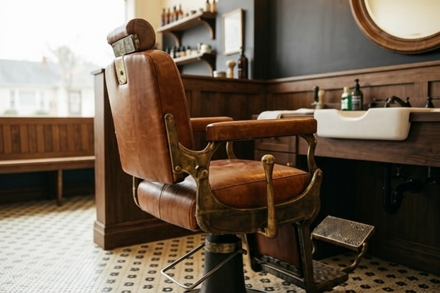 The signature barber chair at Iron and Oak