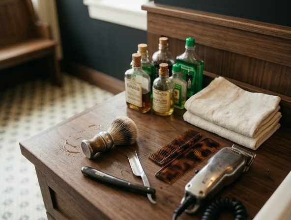 Barber tools laid out inside Iron and Oak