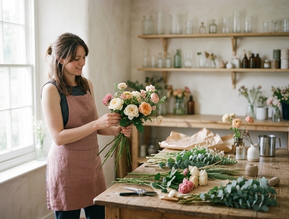 Lead florist at Prairie and Bloom standing inside the studio