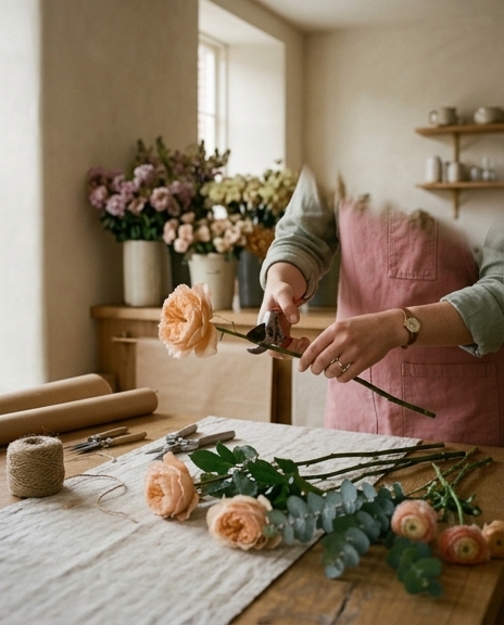 Florist hands preparing stems on the Prairie and Bloom worktable