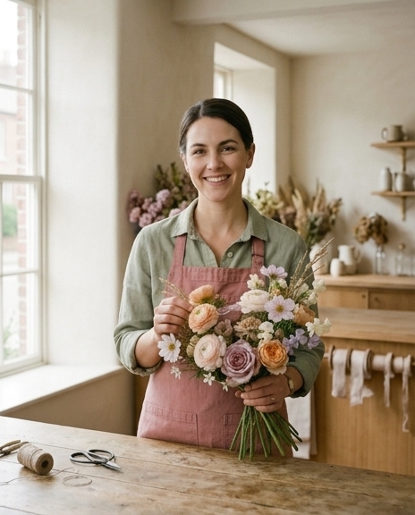 Lead florist holding a bouquet inside the Prairie and Bloom studio