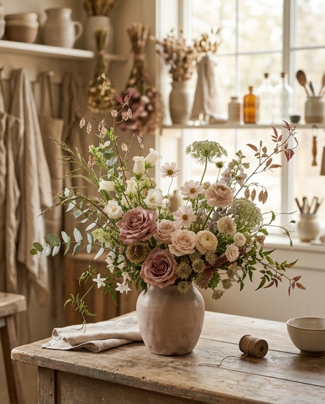 Prairie and Bloom vase arrangement in blush and sage tones