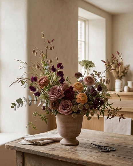 Prairie and Bloom statement floral arrangement with richer tones