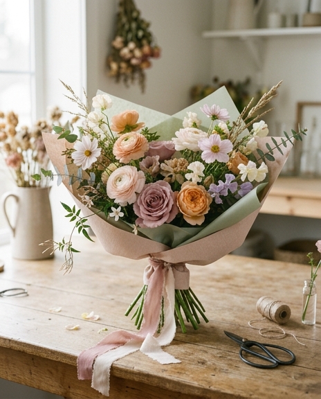 Prairie and Bloom wrapped bouquet with soft spring tones
