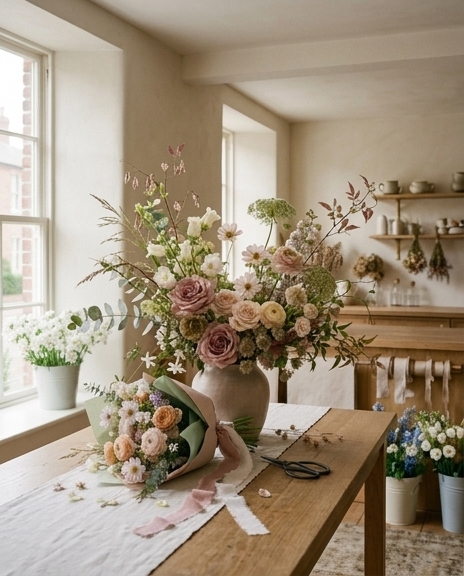 Prairie and Bloom arrangement and wrapped bouquet on the studio worktable