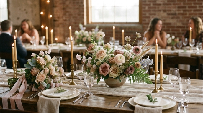 Prairie and Bloom wedding floral centerpiece and tablescape