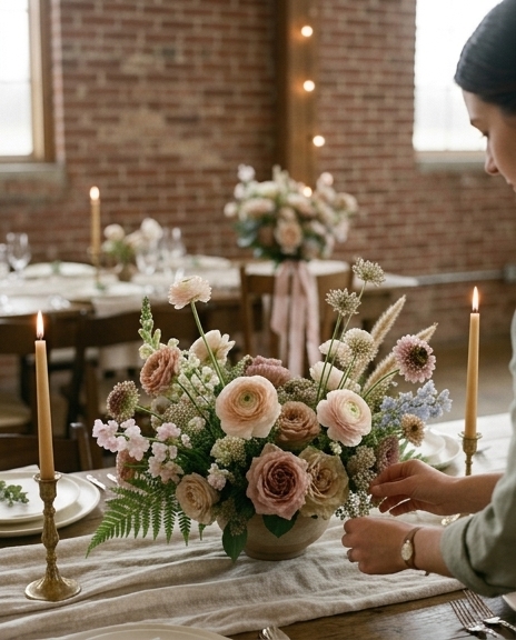 Prairie and Bloom wedding floral arrangement in an intimate reception setting