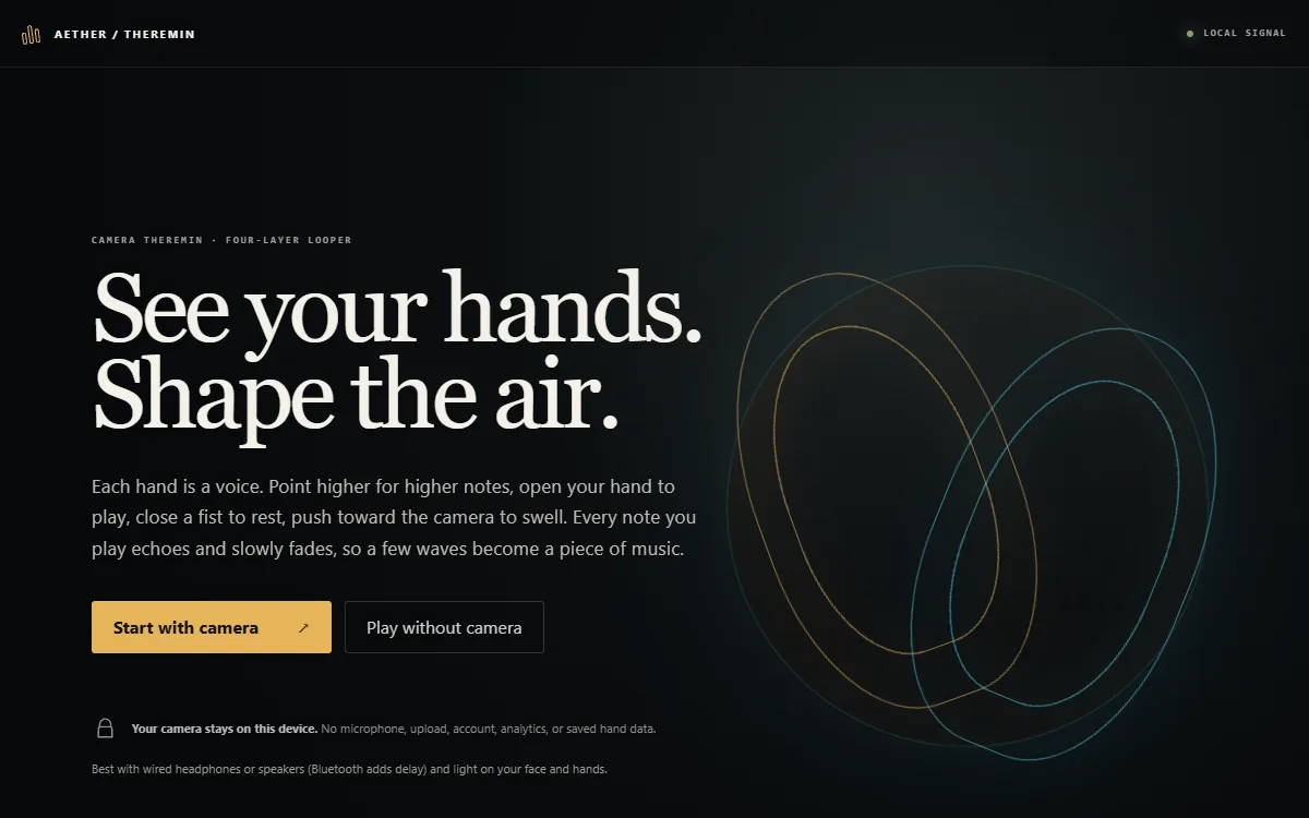 Aether Theremin start screen: See your hands. Shape the air.
