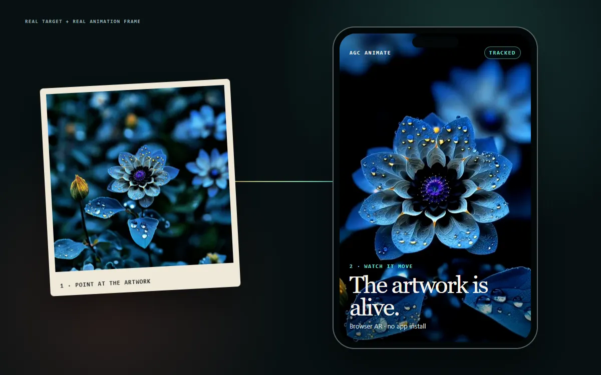 Printed flower artwork paired with its animated browser AR result inside a phone frame