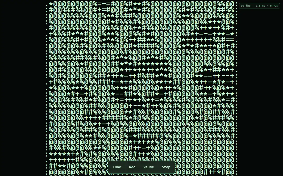 Camera app rendering flower artwork as large green ASCII characters with recording controls visible