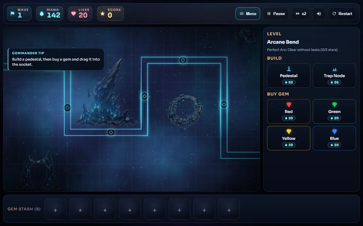 GEMGRAFT active tower-defense board with arcane lanes, build controls, and gem inventory.