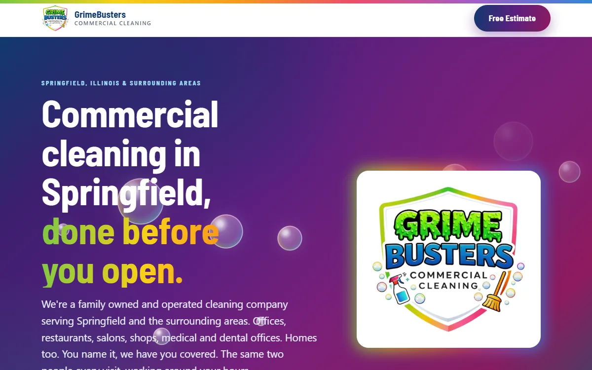 GrimeBusters Commercial Cleaning homepage: commercial cleaning in Springfield, done before you open.