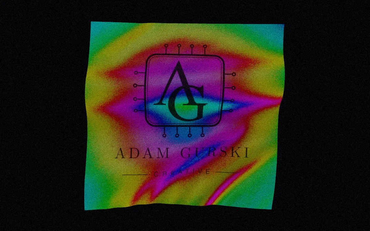 Holocloth: a floating holographic-foil cloth printed with the Adam Gurski Creative logo beside its material control panel.