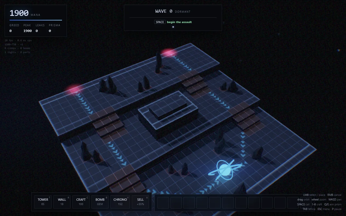 Prism Lattice gameplay: a 3D gem-refraction tower defense with white prism lances splitting into colored beams.