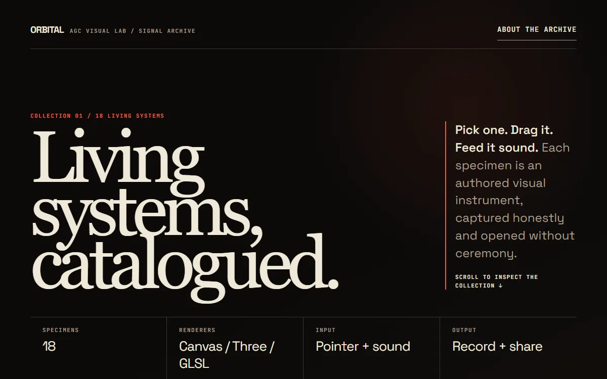 AGC Visual Lab signal archive: Living systems, catalogued. Eighteen specimens.