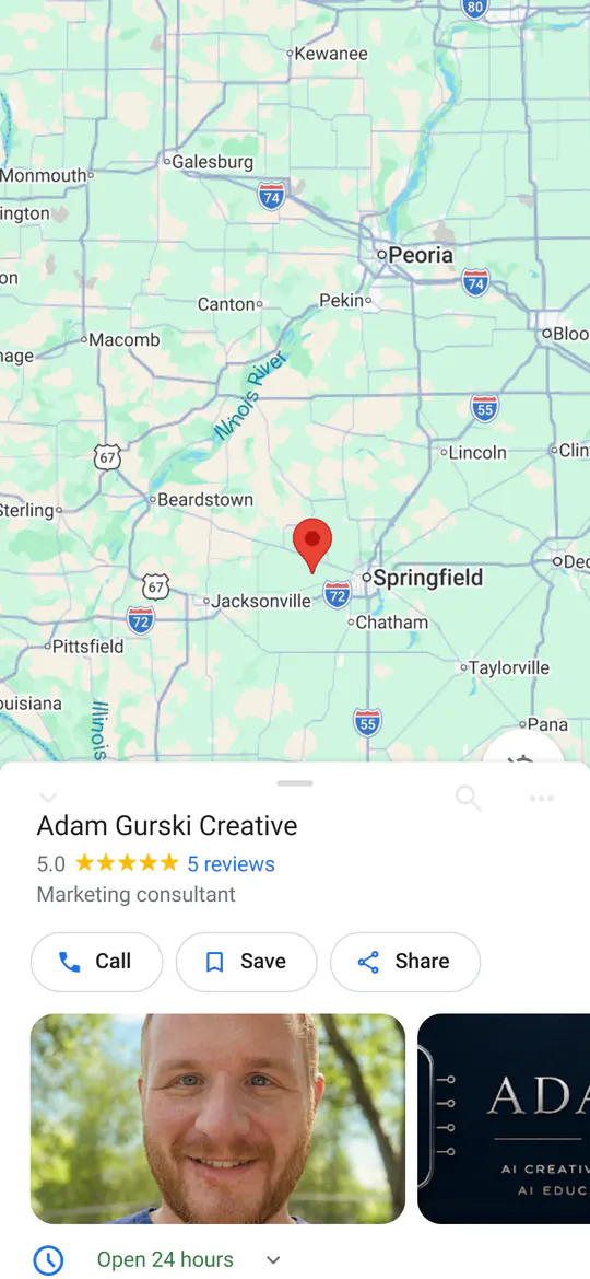 Adam Gurski Creative on Google Maps on a phone: 5.0 stars from 5 reviews, marketing consultant, with Call, Save and Share buttons and two photos.