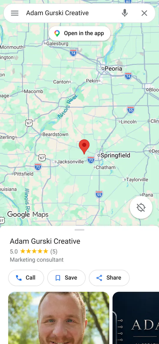 Adam Gurski Creative on Google Maps on a phone: 5.0 stars from 5 reviews, marketing consultant, with Call, Save and Share buttons and two photos.