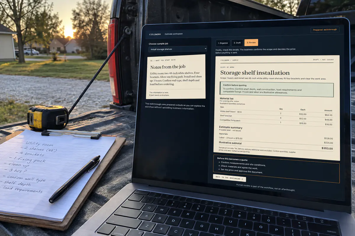 An estimate helper: the working sample open on a screen, in use at a small business.