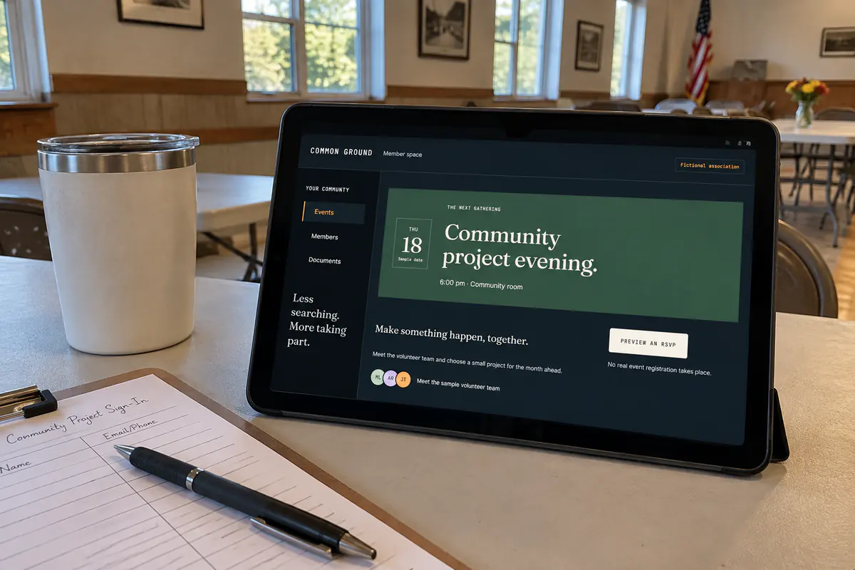 A members’ page: the working sample open on a screen, in use at a small business.
