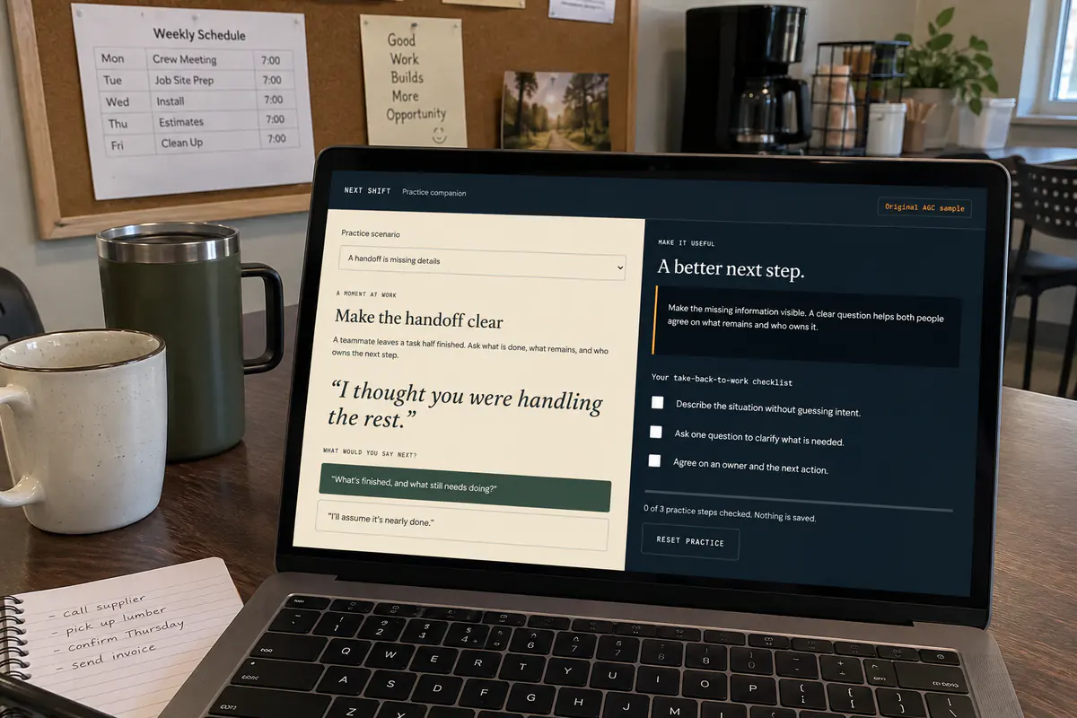 A practice tool after training: the working sample open on a screen, in use at a small business.