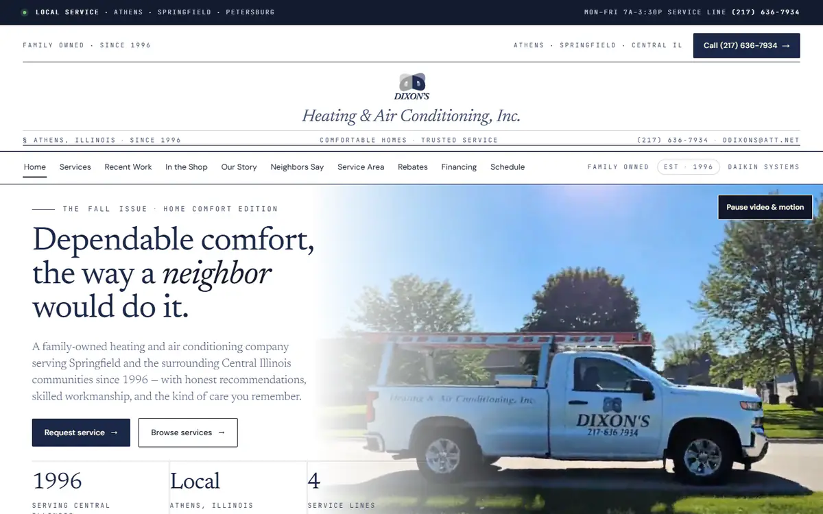 The Dixon’s Heating & Air website on a computer screen.