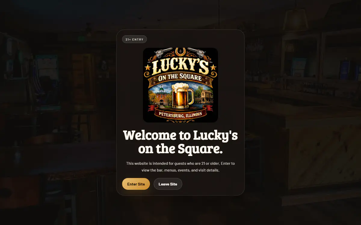 The Lucky’s on the Square website on a computer screen, captured September 2026.