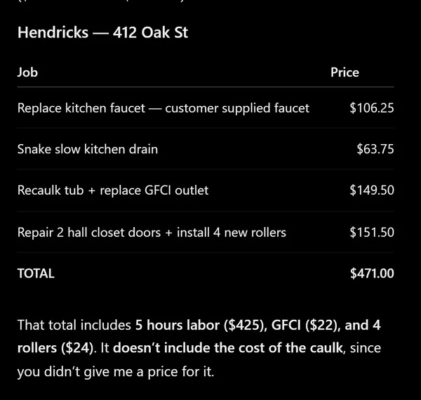 ChatGPT’s answer: a price for each job and a $471 total, noting the caulk isn’t included.