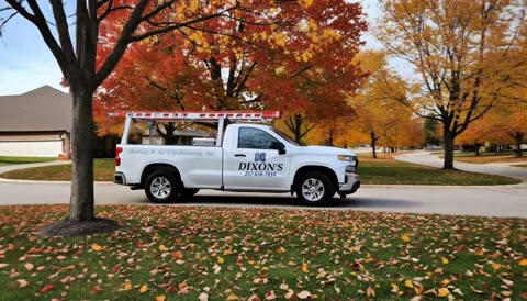 Dixon's HVAC service truck in a four-season landscape composite.