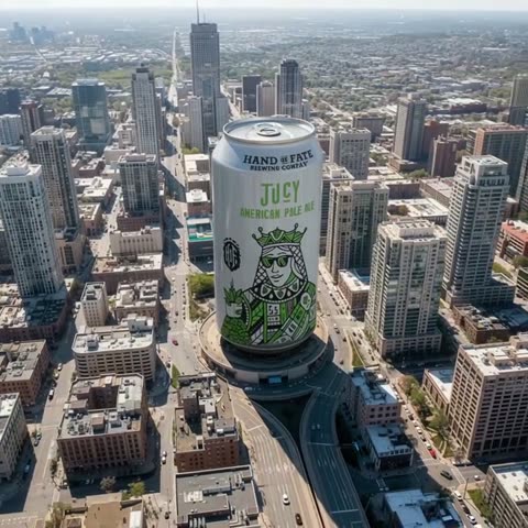 Hand of Fate Brewing Juicy Pale Ale commercial frame over Chicago skyline.