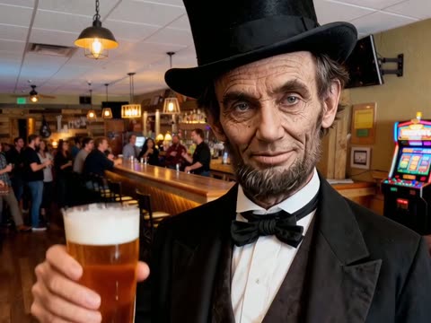 Lucky's on the Square bar interior with Abraham Lincoln figure walking in.