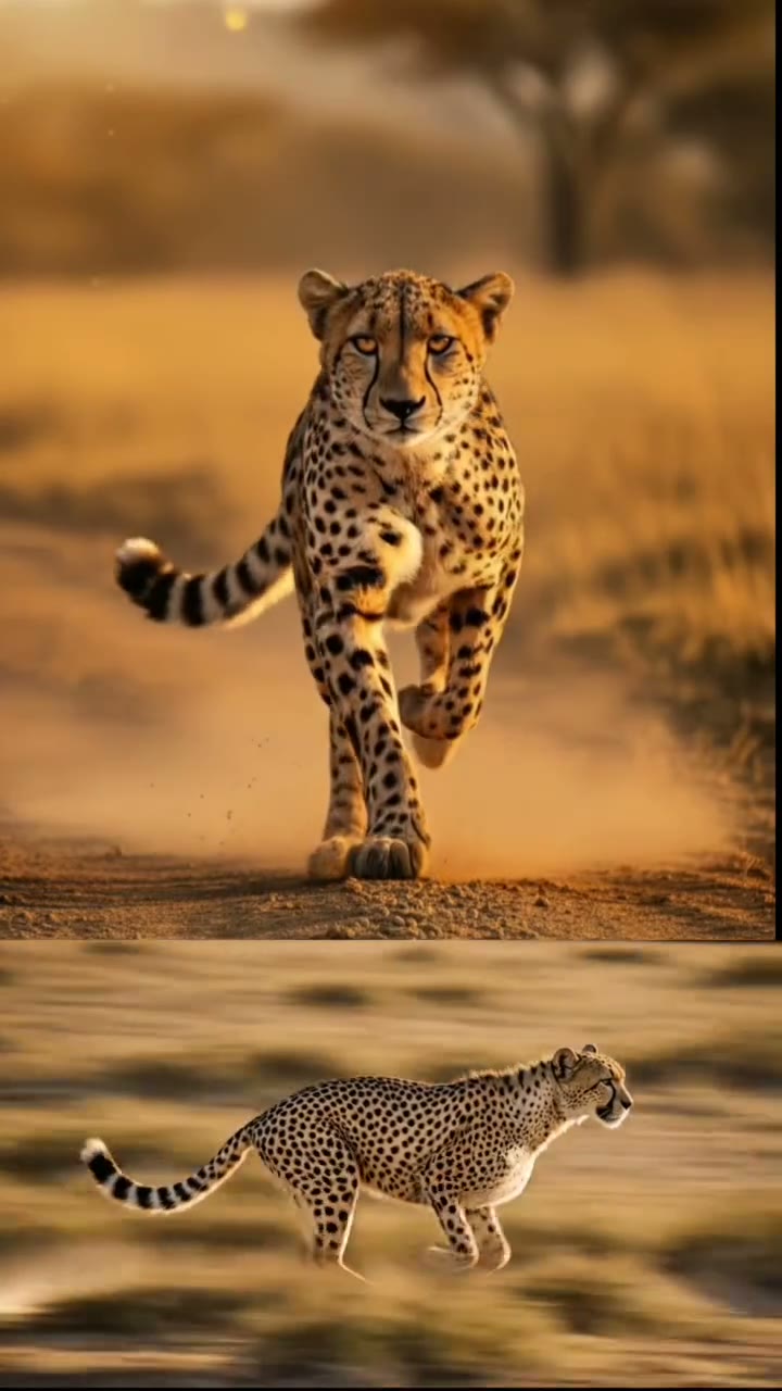 Photoreal big-cat transformation — cheetah, tiger, and lion at golden hour, shown from multiple angles.